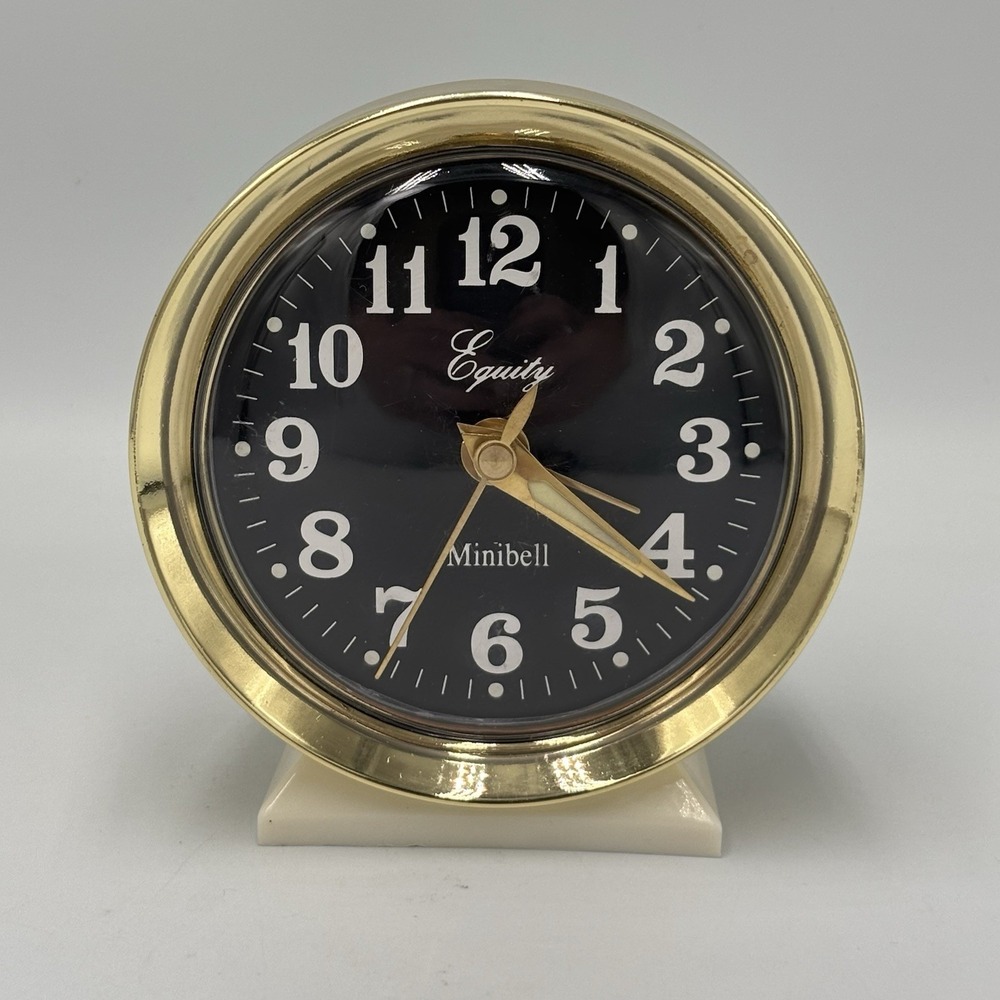 Vintage Equity Minibell Alarm Clock Wind Up Glow in Dark MCM Retro Gold Black